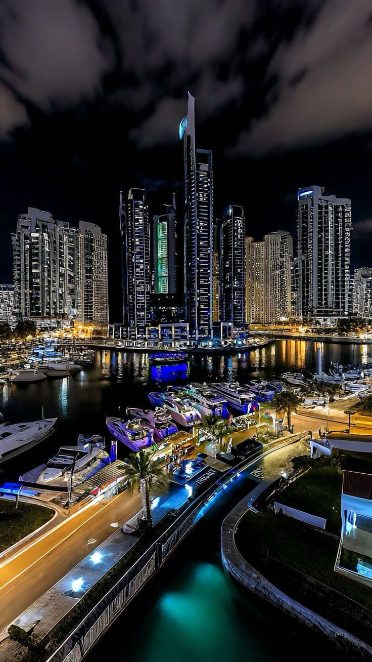 the city skyline is lit up at night, with boats docked in the harbor and high rise buildin