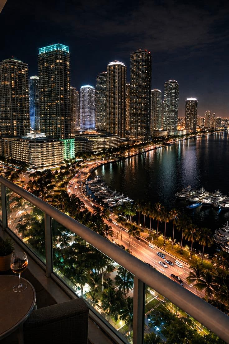 the city lights shine brightly at night over the water and palm trees in the foreground