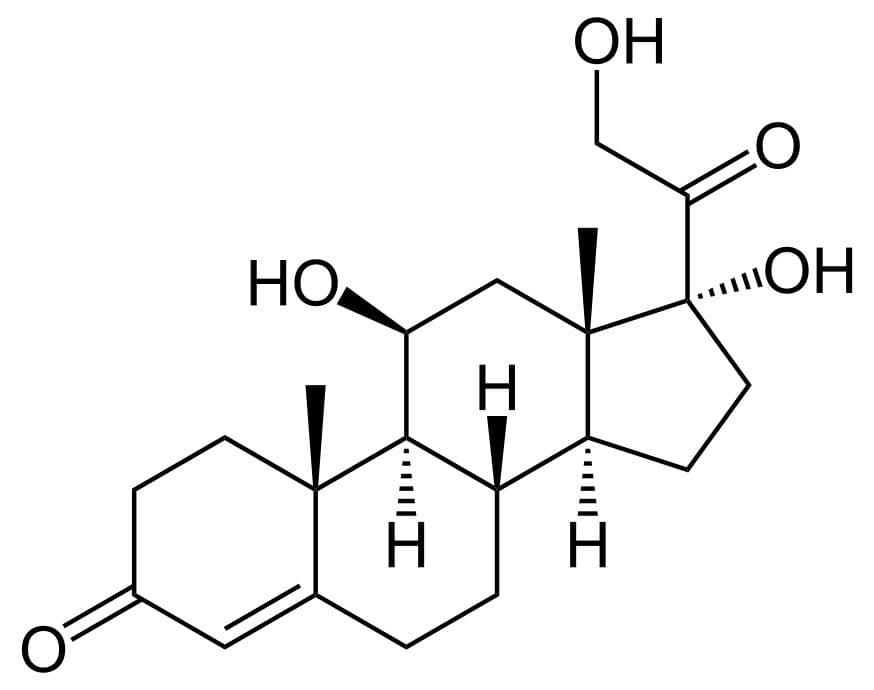 Skeletal chemical structure diagram of the cortisol steroid molecule