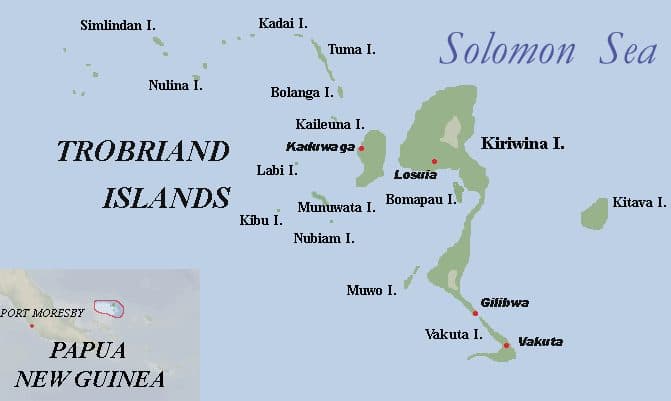 Map of the Kula ring exchange route circling the Trobriand Islands of Papua New Guinea