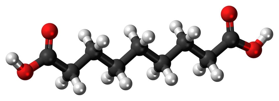 3D ball-and-stick molecular model of the azelaic acid molecule