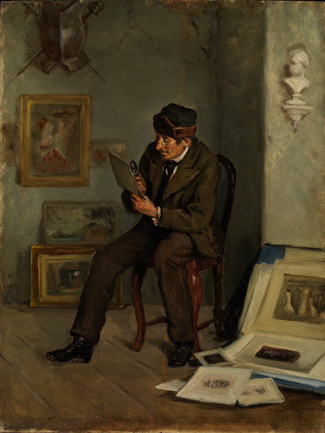Adolf von Becker's painting 'The Art Expert' showing a man closely examining a painting through a magnifying glass, posing as an authority.