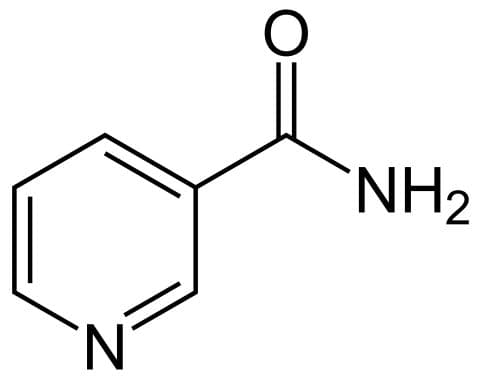 Skeletal chemical structure of the nicotinamide (niacinamide) molecule, vitamin B3 amide form