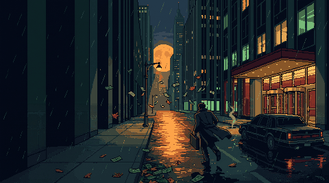 Pixel art: a figure in a long coat strides up a wet 1990s Wall Street at night under a huge orange moon, dollar bills blowing down the street like autumn leaves.