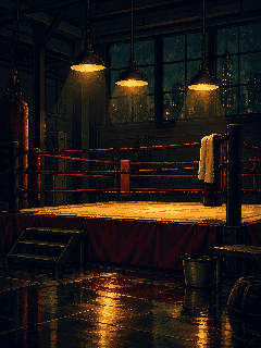 Pixel art of an empty boxing ring at night under hanging lamps, gold light on the canvas.