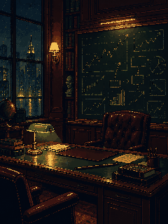 Pixel art of a wood-panelled study at night: a chalkboard covered in drawn charts above a desk with a green lamp.