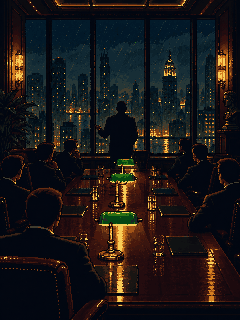 Pixel art of a boardroom at night, faceless people around a long table turned toward one speaker by the window.
