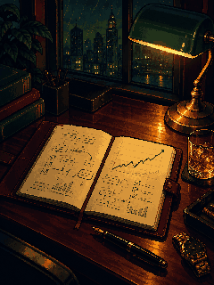 Pixel art of a leather notebook open on a desk beside a fountain pen and a brass lamp, pages of drawn plans.