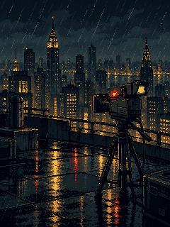 Pixel art of a camcorder on a tripod on a rooftop at night in the rain, the city lit up behind it.