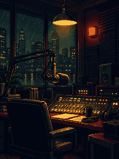 Pixel art of a 1990s radio studio microphone under a single warm lamp, a red on-air light glowing behind it.