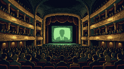 Pixel art of a packed opera house at night: rows of faceless people in the dark, all turned toward a stage screen glowing green.